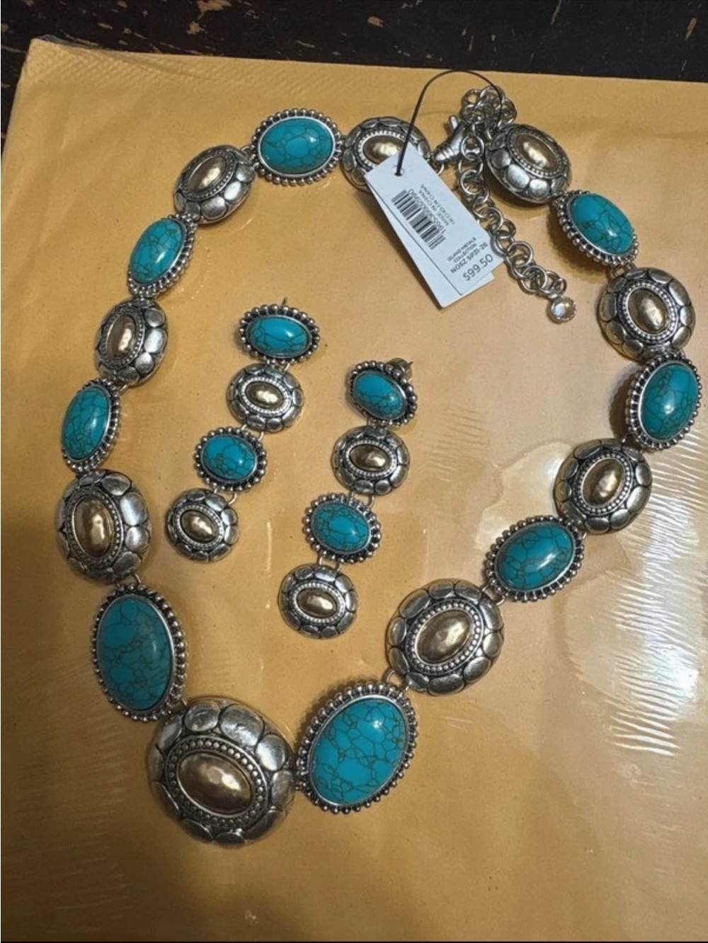 Turquoise Oval Statement Necklace and Earring Set - Silver-Tone